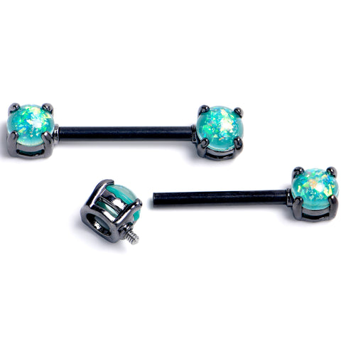 14G 9/16 Green Faux Opal Black Internally Threaded Nipple Ring Set