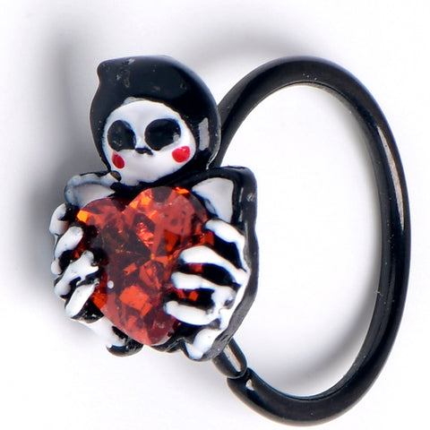 20G 5/16 Red CZ Gem Black Skeleton Heart Nose Hoop