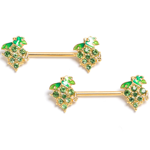 14G 9/16 Green Gem Gold Tone Butterfly Grapes Barbell Nipple Ring Set
