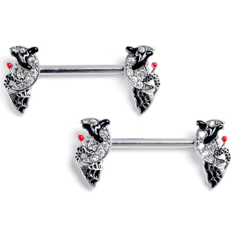 14G 9/16 Clear Gem Crescent Moon Witch Barbell Nipple Ring Set