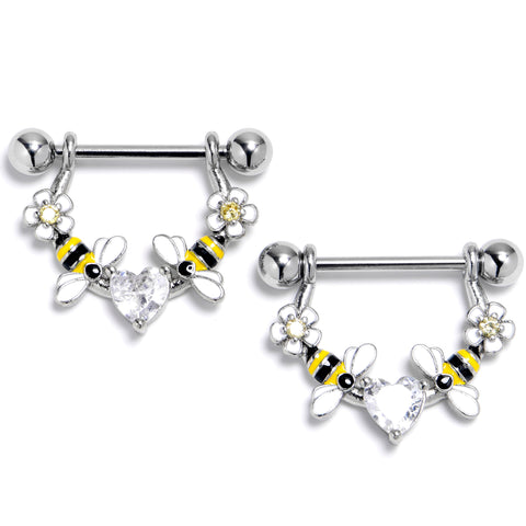 14G 9/16 Clear Gem Heart Bees Flowers Dangle Nipple Ring Set
