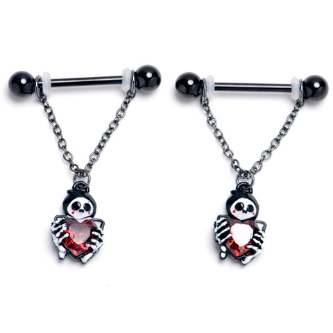 14G 9/16 Red CZ Gem Black Skeleton Hearts Dangle Nipple Ring Set