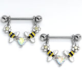 14G 9/16 Aurora Gem Heart Bees Flowers Dangle Nipple Ring Set