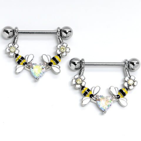 14G 9/16 Aurora Gem Heart Bees Flowers Dangle Nipple Ring Set