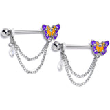 14G 9/16 Clear Gem Purple Yellow Butterfly Dangle Nipple Ring Set