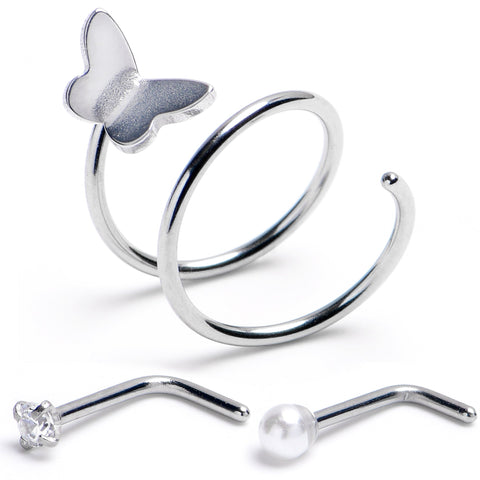 20G Clear Gem Spiral Butterfly L Shape Nose Ring Set of 3