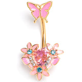 Blue Pink Clear Gem Gold Tone Butterfly Flowers Double Mount Belly Ring