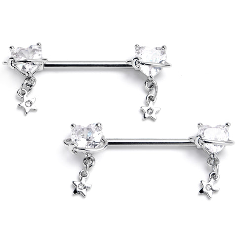 14G 9/16 Clear CZ Heart Starry Saturn Dangle Nipple Ring Set