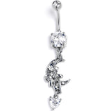 Clear CZ Gem Moon Bow Heart Dangle Belly Ring