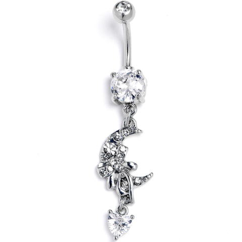 Clear CZ Gem Moon Bow Heart Dangle Belly Ring