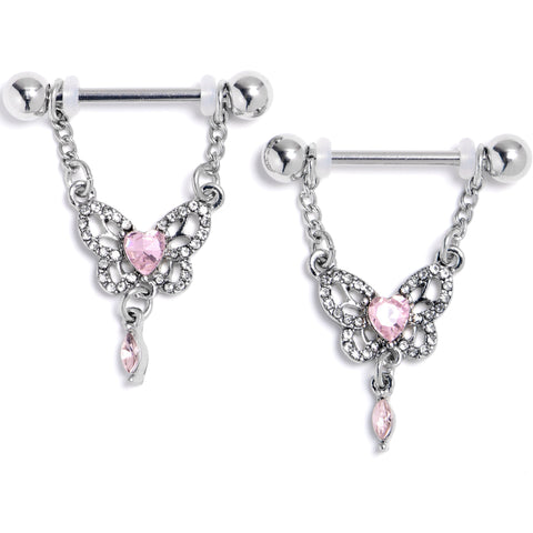 14G 9/16 Pink Gem Whimsical Butterfly Dangle Nipple Ring Set