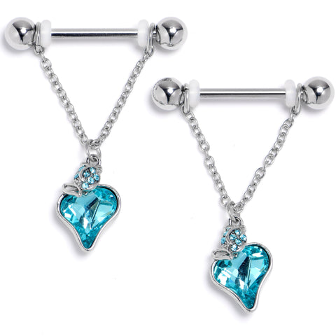 14G 9/16 Blue Gem Strawberry Love Chain Dangle Nipple Ring Set