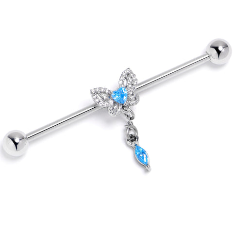 14G Blue Gem Butterfly Delight Dangle Industrial Barbell 38mm
