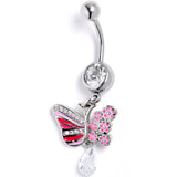Clear CZ Gem Flowery Butterfly Pink Dangle Belly Ring