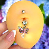 Clear CZ Gem Flowery Butterfly Pink Dangle Belly Ring