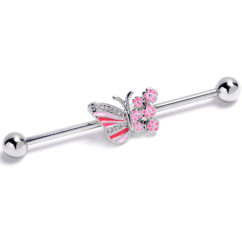 14G Clear Gem Flowery Butterfly Pink Industrial Barbell 38mm