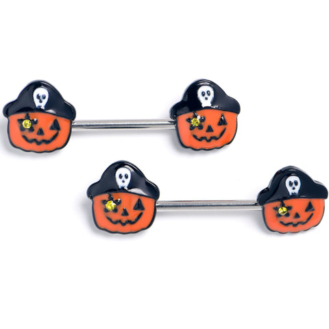 14G 9/16 Yellow Gem Orange Pirate Pumpkin Barbell Nipple Ring Set