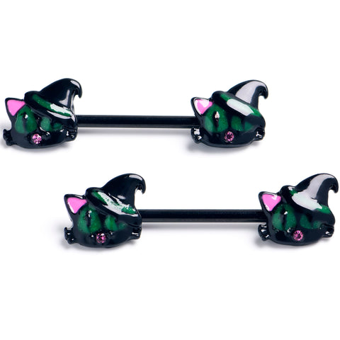 14G 9/16 Pink Gem Black Halloween Hat Cat Barbell Nipple Ring Set