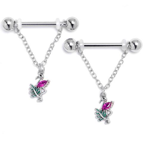 14G 9/16 Pink Gem Fabulous Flamingo Chain Dangle Nipple Ring Set