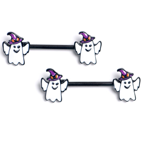 14G 9/16 Black Witch Hat Ghost Halloween Barbell Nipple Ring Set