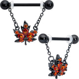 14G 9/16 Orange CZ Gem Black Autumn Leaf Dangle Nipple Ring Set