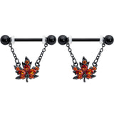 14G 9/16 Orange CZ Gem Black Autumn Leaf Dangle Nipple Ring Set