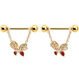 14G 9/16 Red CZ Gem Gold Tone Drama Butterfly Dangle Nipple Ring Set