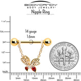 14G 9/16 Red CZ Gem Gold Tone Drama Butterfly Dangle Nipple Ring Set