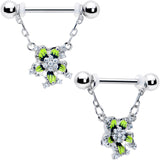 14G 9/16 Clear CZ Gem Go Green Flower Chain Dangle Nipple Ring Set