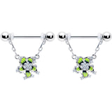 14G 9/16 Clear CZ Gem Go Green Flower Chain Dangle Nipple Ring Set