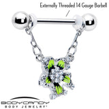 14G 9/16 Clear CZ Gem Go Green Flower Chain Dangle Nipple Ring Set