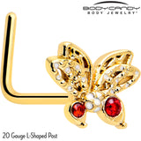 20G 7mm Red CZ Gem Gold Tone Drama Butterfly L Shape Nose Ring