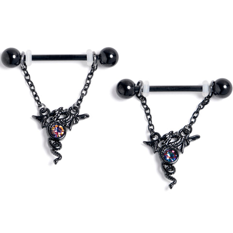 14G 9/16 Orange Gem Black Majestic Dragon Dangle Nipple Ring Set