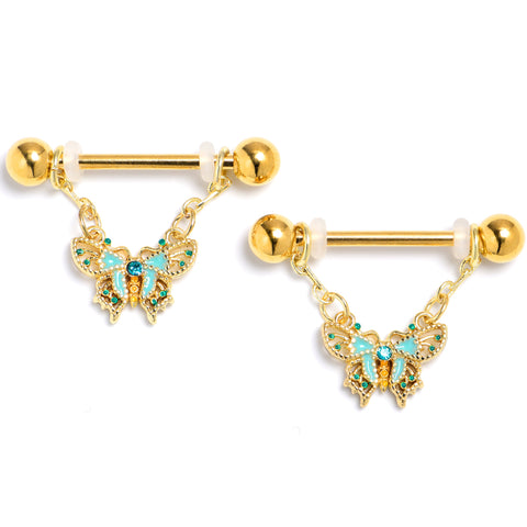 14G 9/16 Blue Gem Gold Hue Rococo Butterfly Dangle Nipple Ring Set
