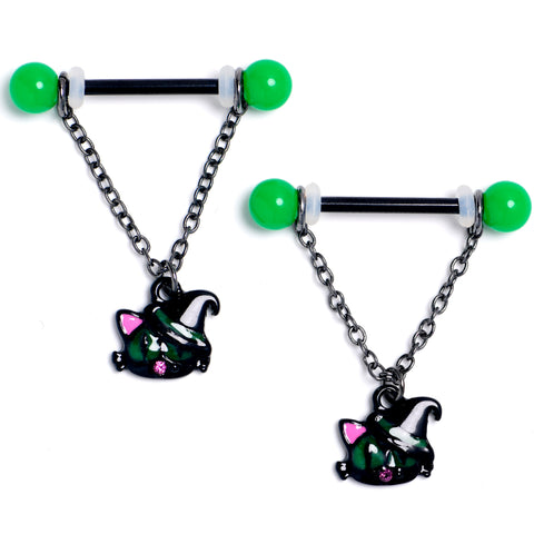 14G 9/16 Pink Gem Black Halloween Hat Cat Dangle Nipple Ring Set