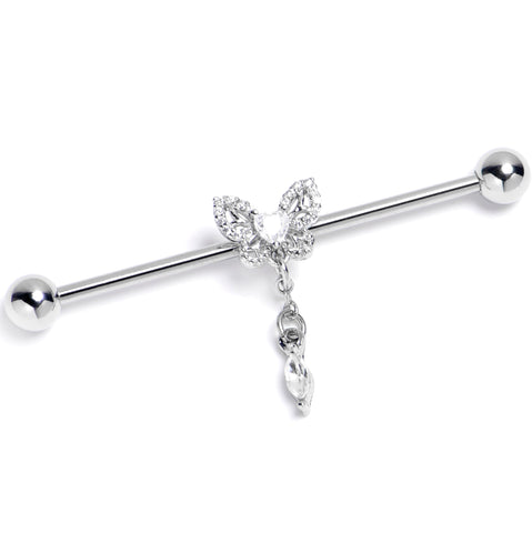 14G Clear CZ Gem Butterfly Delight Dangle Industrial Barbell 38mm