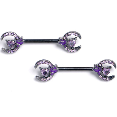 14G 9/16 Purple Gem Black Butterfly Heart Moon Nipple Ring Set