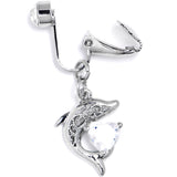 Clear CZ Gem Dolphin Glam Dangle Clip on Fake Belly Ring