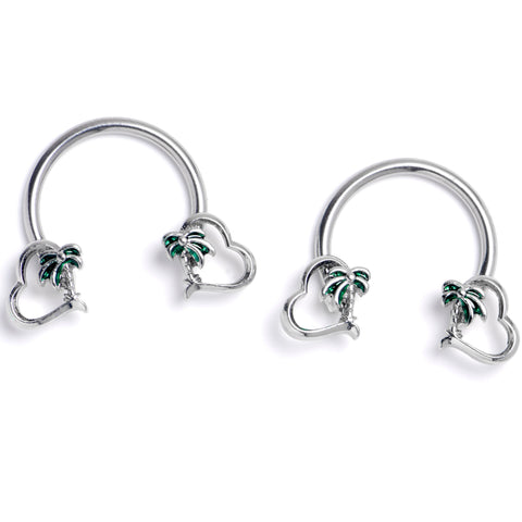 14G 9/16 Palm Tree Love Horseshoe Nipple Ring Set