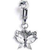 Clear CZ Gem Butterfly Bling Dangle Clip on Fake Belly Ring
