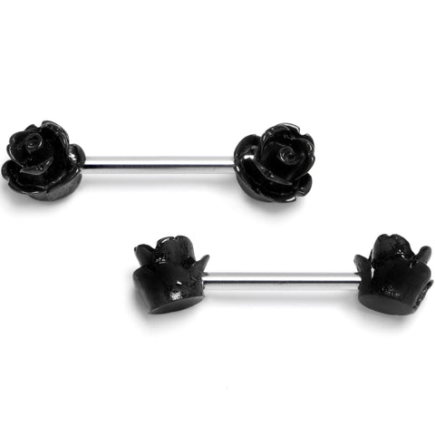 14G 1/2 Open Bloom Rose Black Barbell Nipple Ring Set