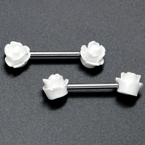 14G 1/2 Open Bloom Rose White Barbell Nipple Ring Set