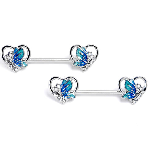 14G 9/16 Clear Gem Butterfly Love Heart Blue Barbell Nipple Ring Set