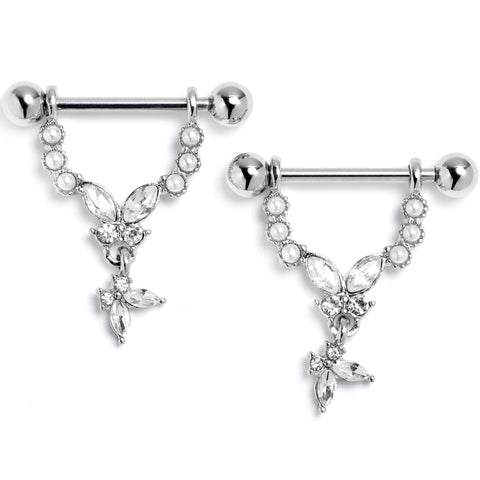 14G 9/16 Clear Gem Double Butterfly Glam Dangle Nipple Ring Set