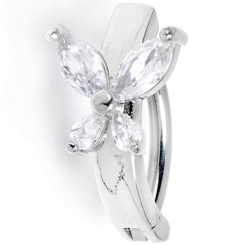 14G 3/8 Clear CZ Gem G23 Titanium Butterfly Hinged Hoop Belly Ring