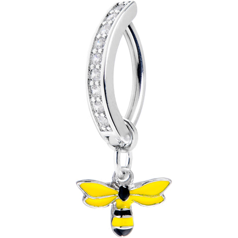 14G 3/8 Clear Gem Grade 23 Titanium Bee Dangle Hinged Hoop Belly Ring