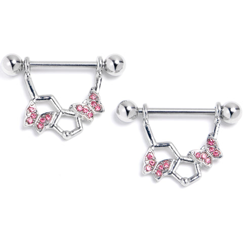 14G 9/16 Pink Gem Hexagon Butterfly Dangle Nipple Ring Set