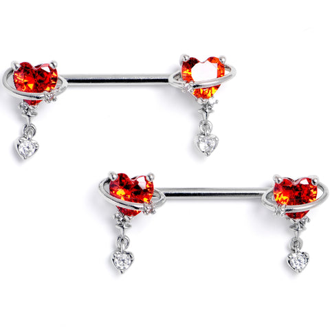 14G 9/16 Red Gem Saturn Heart Dangle Nipple Ring Set