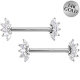 14G 9/16 Solid 14k White Gold CZ Floral Push In Threadless Nipple Ring Set