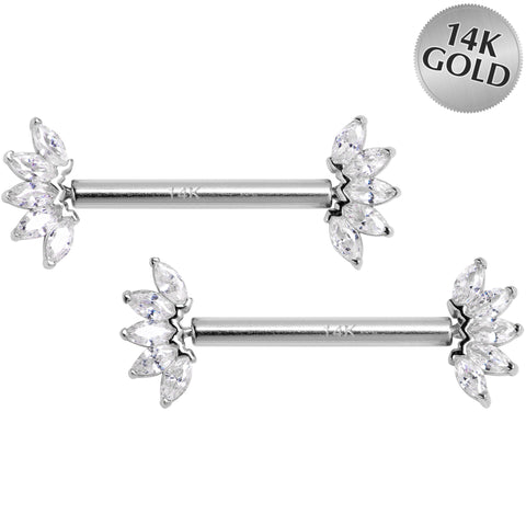 14G 9/16 Solid 14k White Gold CZ Floral Push In Threadless Nipple Ring Set